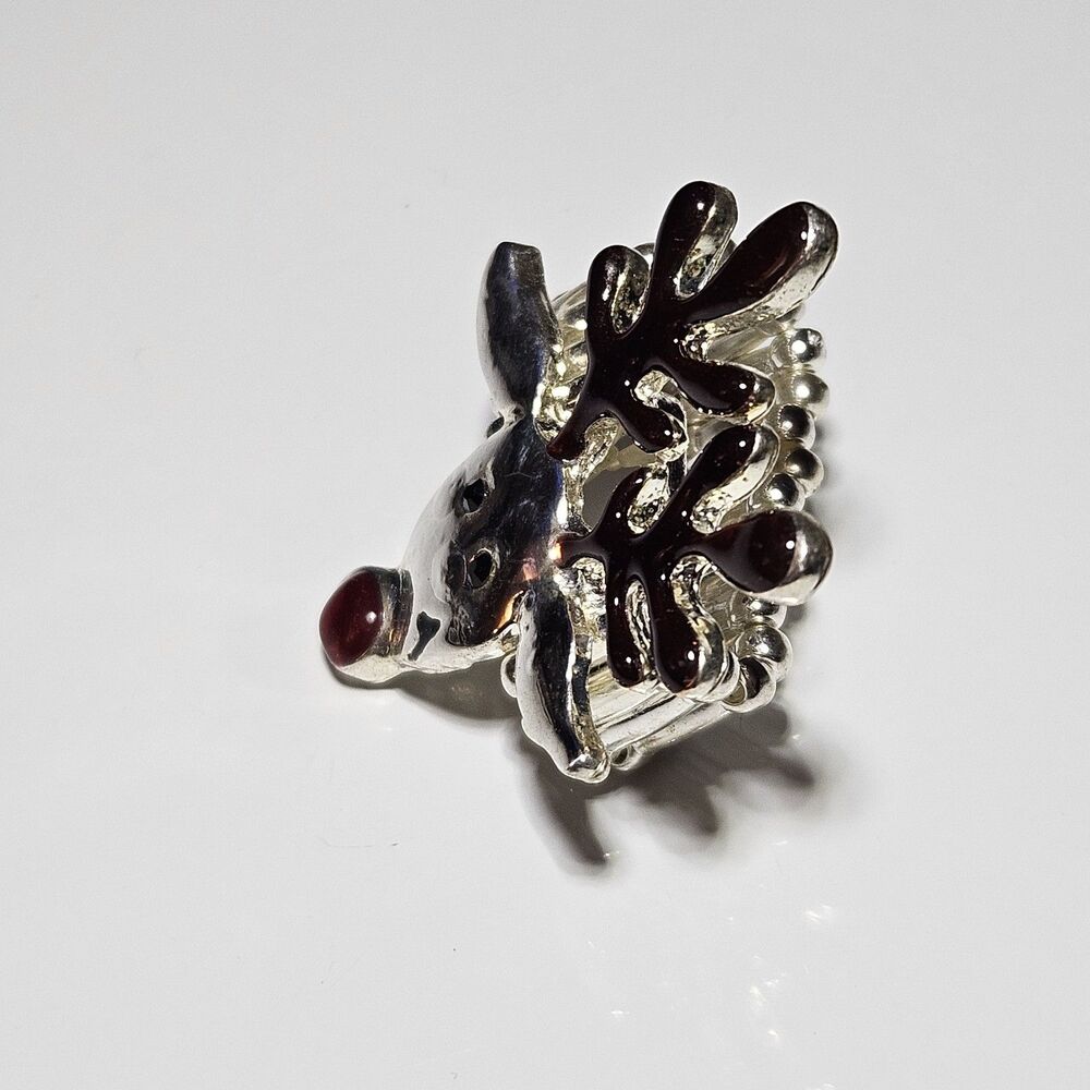 Silver Tone Brown Red Enamel Black Rhinestone Rudolph Stretch Ring - Picture 12 of 14